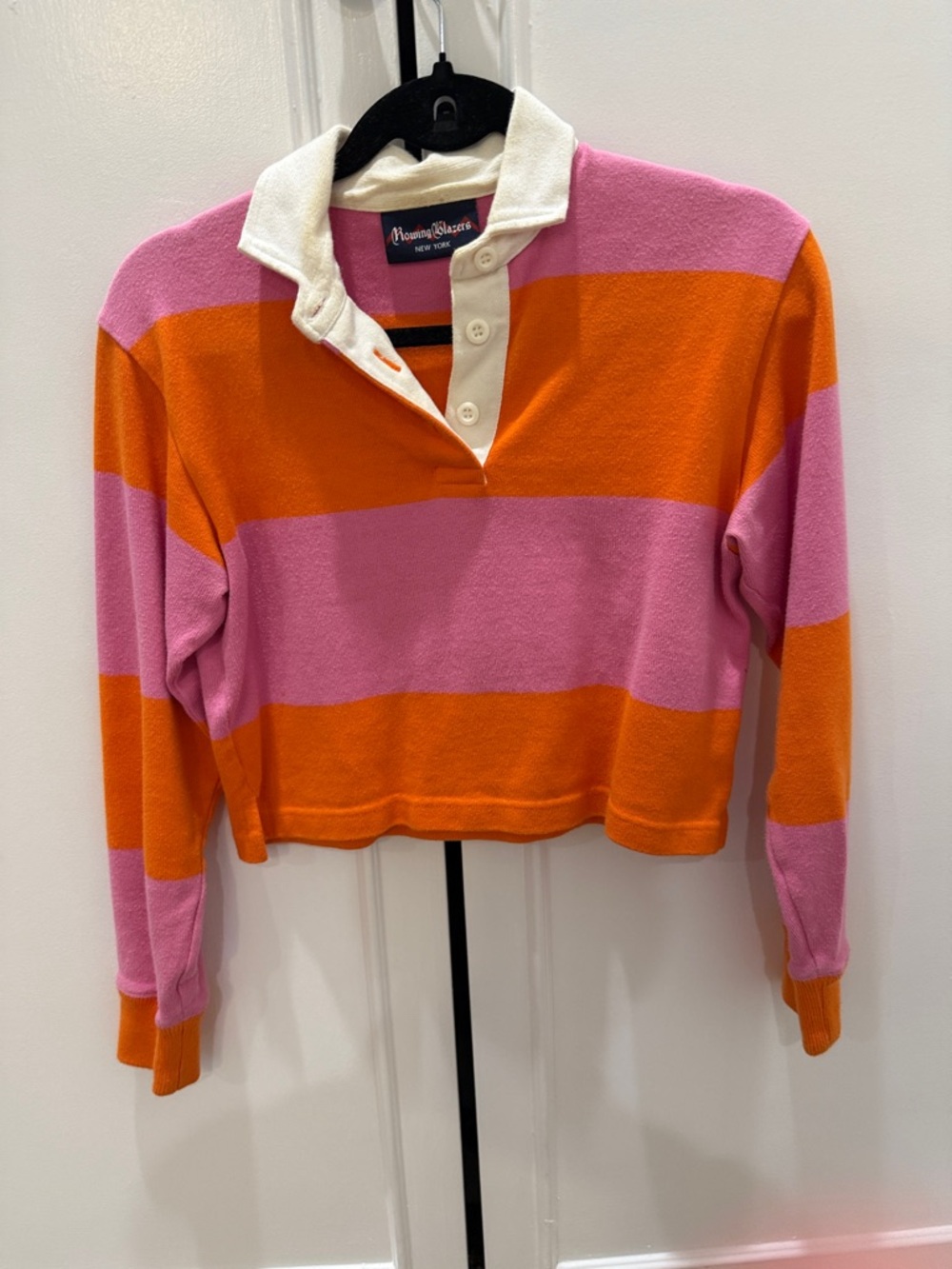 Rowing Blazers Pink and Orange Striped Rugby Crop Top with White Collar